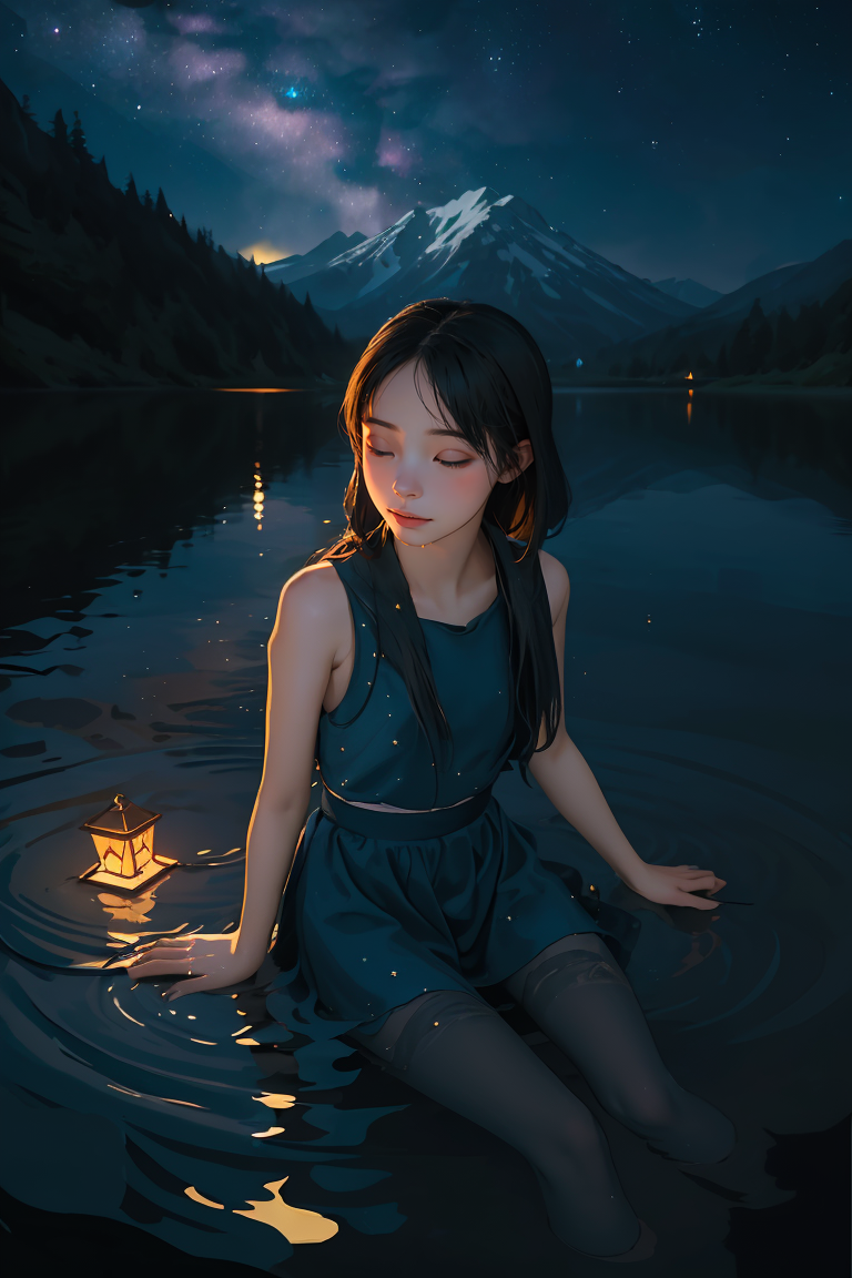 (best quality, masterpiece), 1girl, Milky Way and starry skies, calm lakes, in water, fairy, dark photo, <lora:EpiNoiseoff...